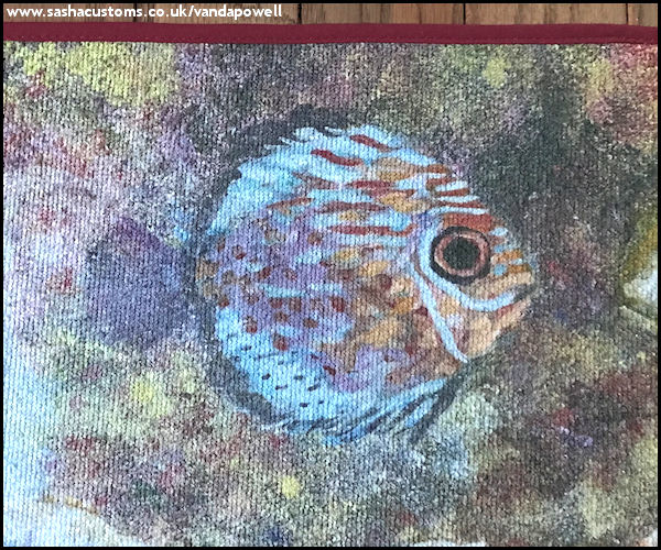 Close-Up - Ra Meeting Proteus (Bathmat with Maroon Trim) - Vanda Powell Designs